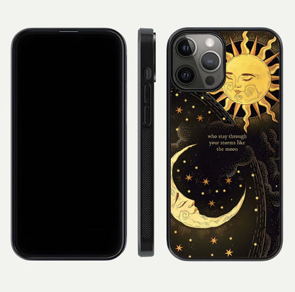 Golden Lunar Love Glass Case for iPhone 12 Pro Max front and back view layout highlighting celestial tones and curved edges