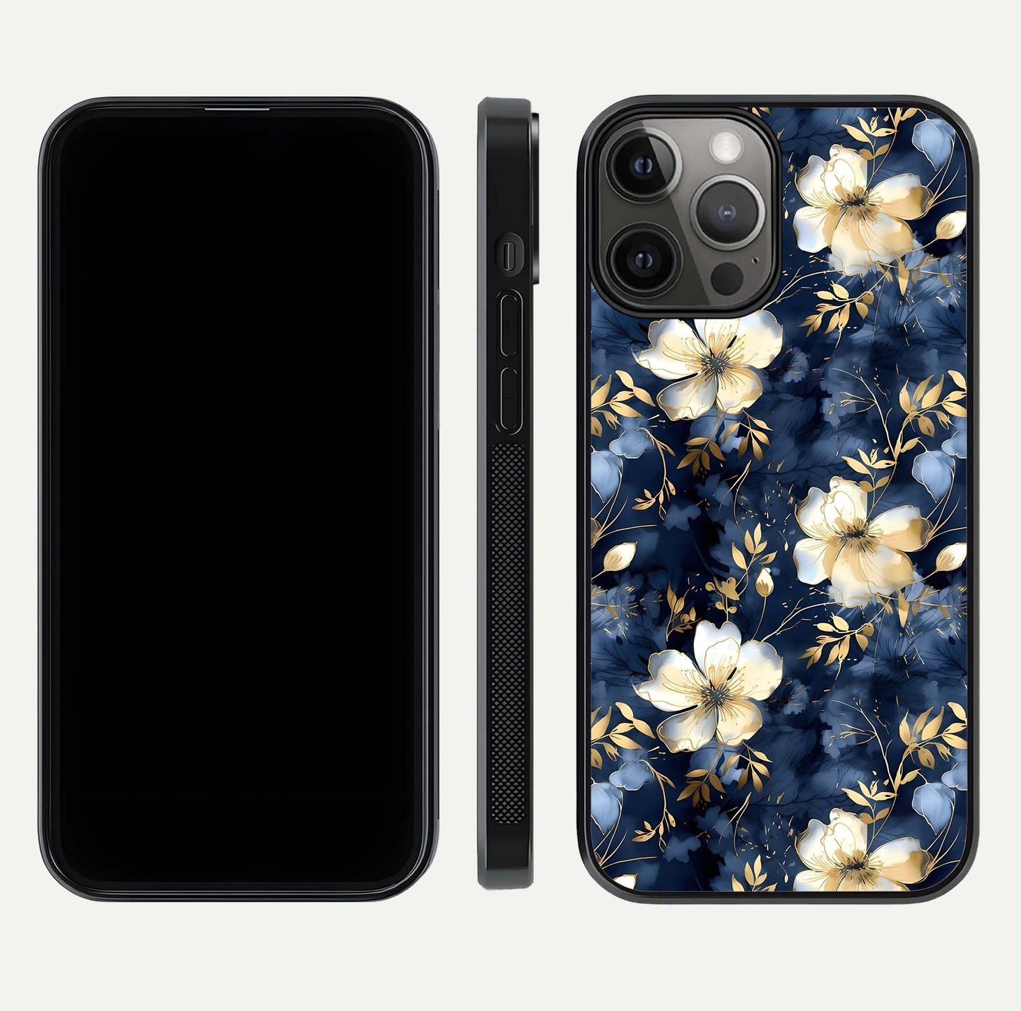 Golden Midnight Bloom Glass Case for iPhone 12 Pro Max front and back view layout highlighting dark-gold tones and smooth curves