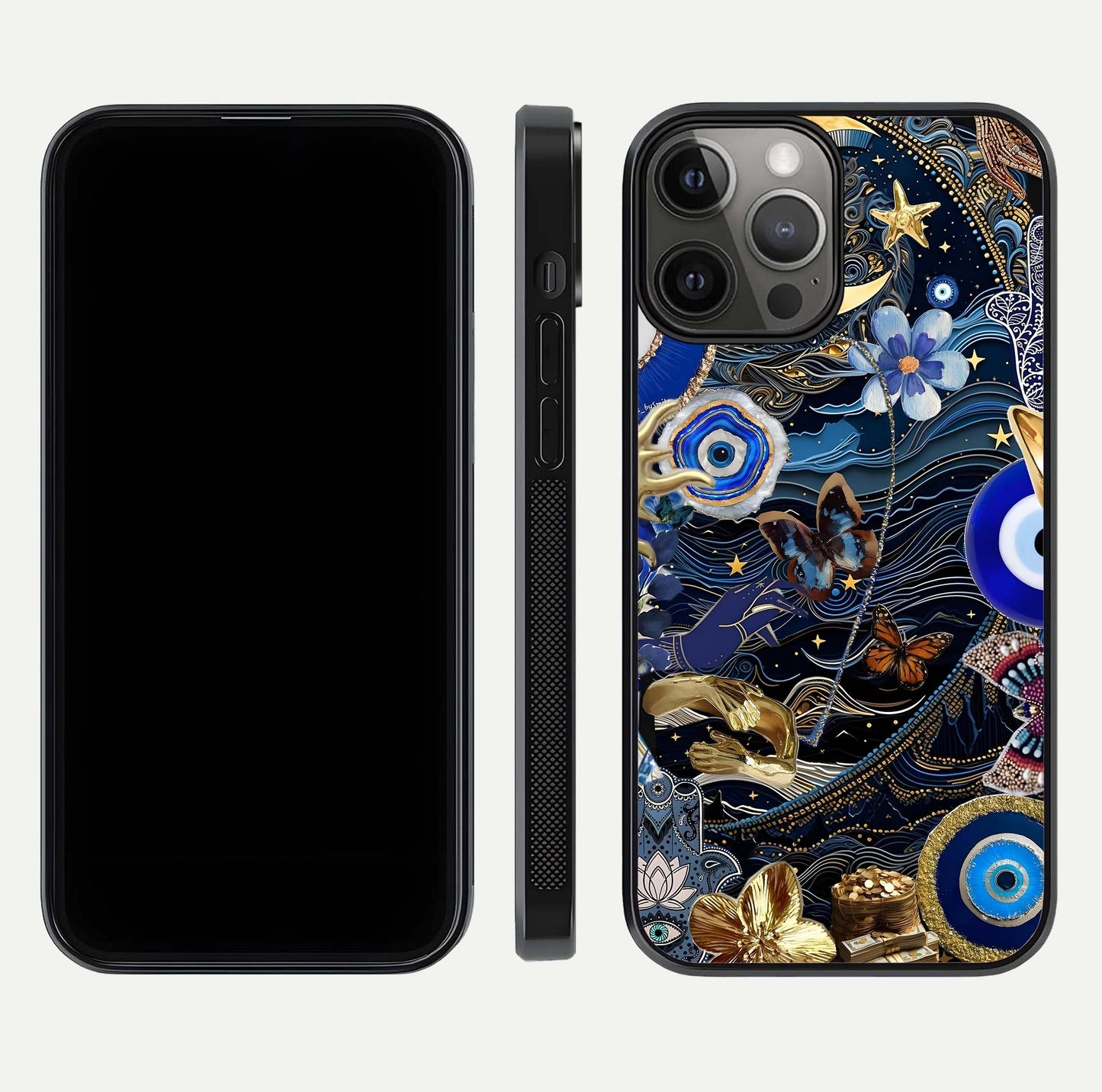 Golden Moon Magic Glass Case for iPhone 12 Pro Max front and back view layout highlighting celestial tones and curved glass