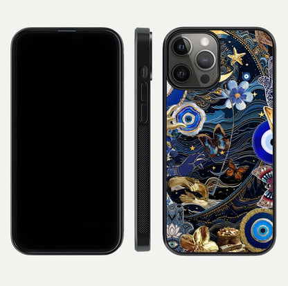 Golden Moon Magic Glass Case for iPhone 12 Pro Max front and back view layout highlighting celestial tones and curved glass