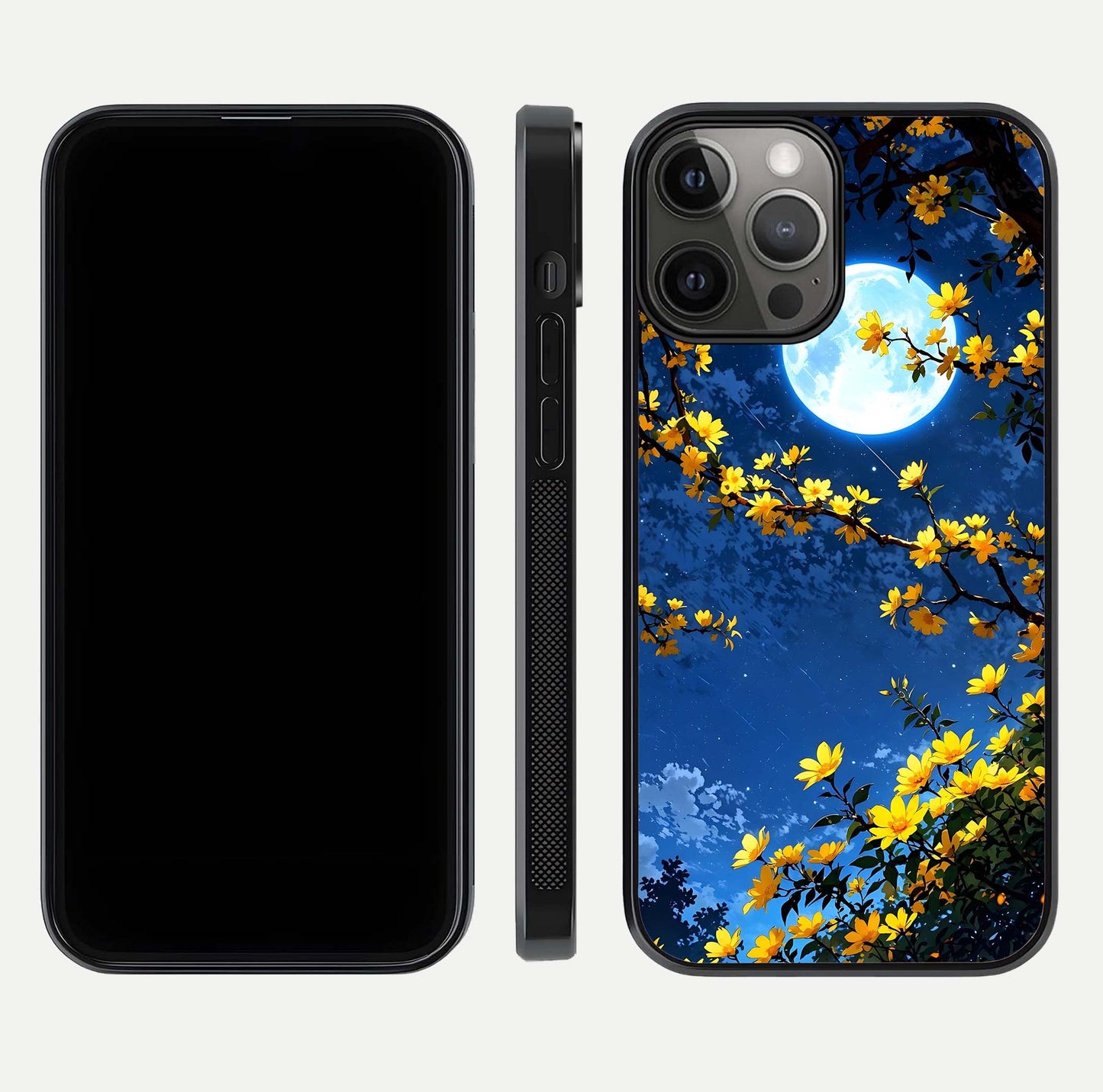 Golden Night Glow Glass Case for iPhone 12 Pro Max front and back view layout displaying metallic glow and curved glass edge