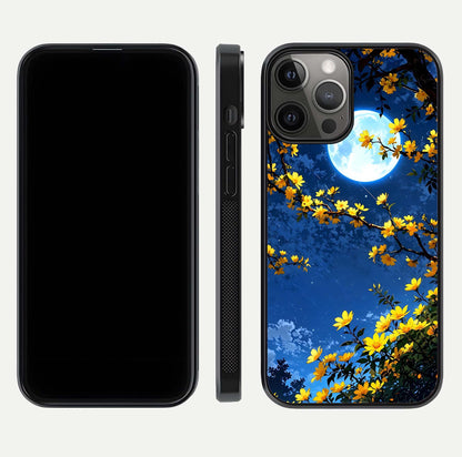 Golden Night Glow Glass Case for iPhone 12 Pro Max front and back view layout displaying metallic glow and curved glass edge