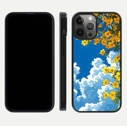 Golden Petal Sky Glass Case for iPhone 12 Pro Max front and back view layout highlighting floral pattern and curved glass edges