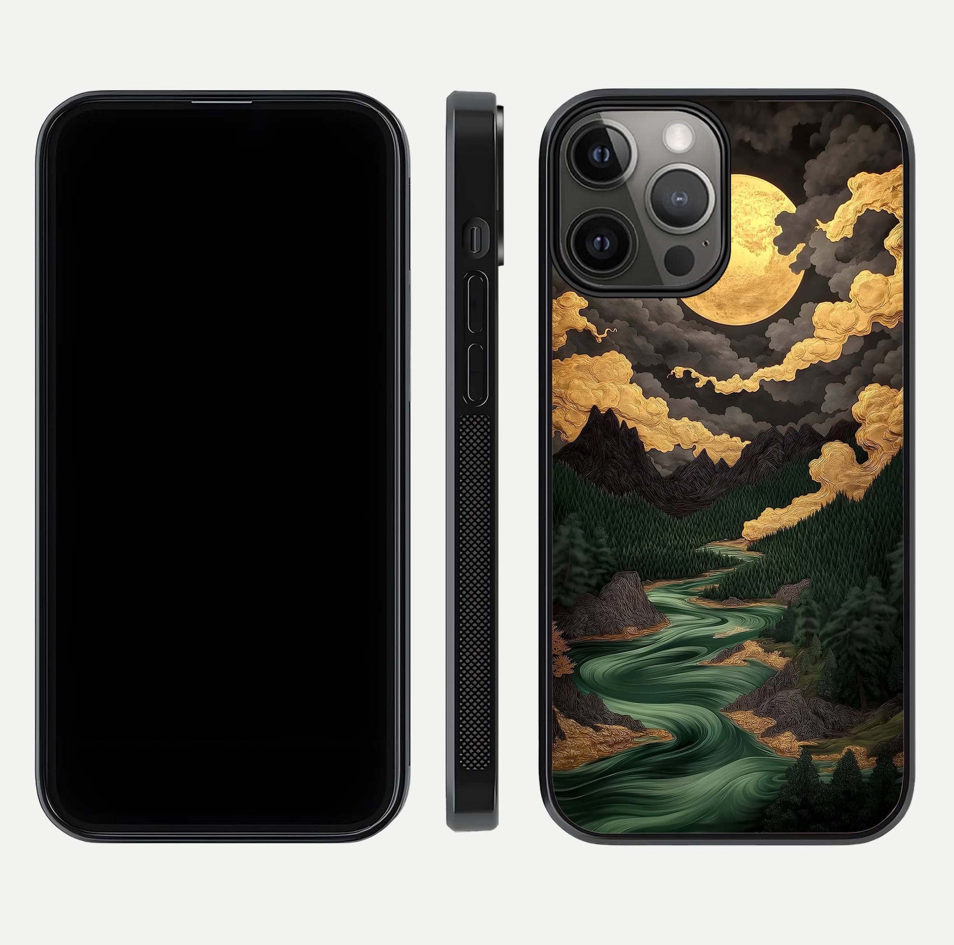 Golden River Moon Glass Case for iPhone 12 Pro Max front and back view layout displaying celestial glow and smooth curves
