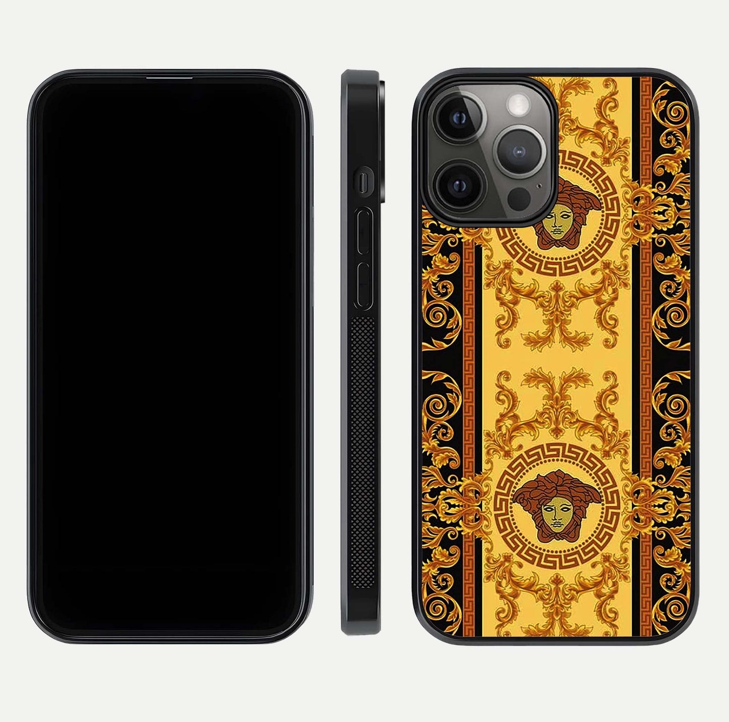 Golden Royal Heritage Glass Case for iPhone 12 Pro Max front and back view layout displaying ornate gold texture and curved edges