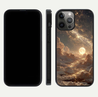 Golden Sky Dream Glass Case for iPhone 12 Pro Max front and back view layout highlighting celestial gold hues and curved glass