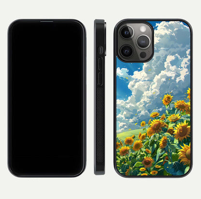 Golden Sun Glory Glass Case for iPhone 12 Pro Max front and back view layout displaying bright golden tones and curved edges
