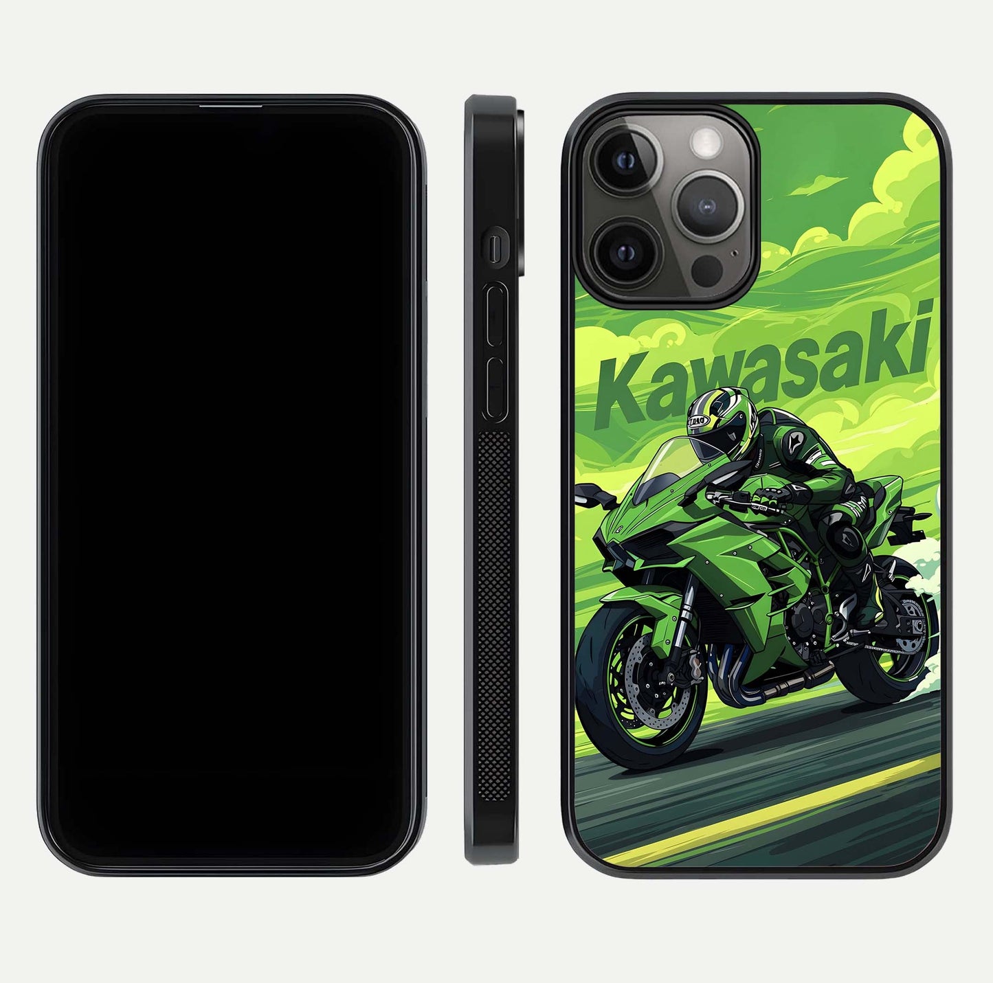 Green Kawasaki Glass Case for iPhone 12 Pro Max front and back view layout highlighting vivid green tones and curved glass edges