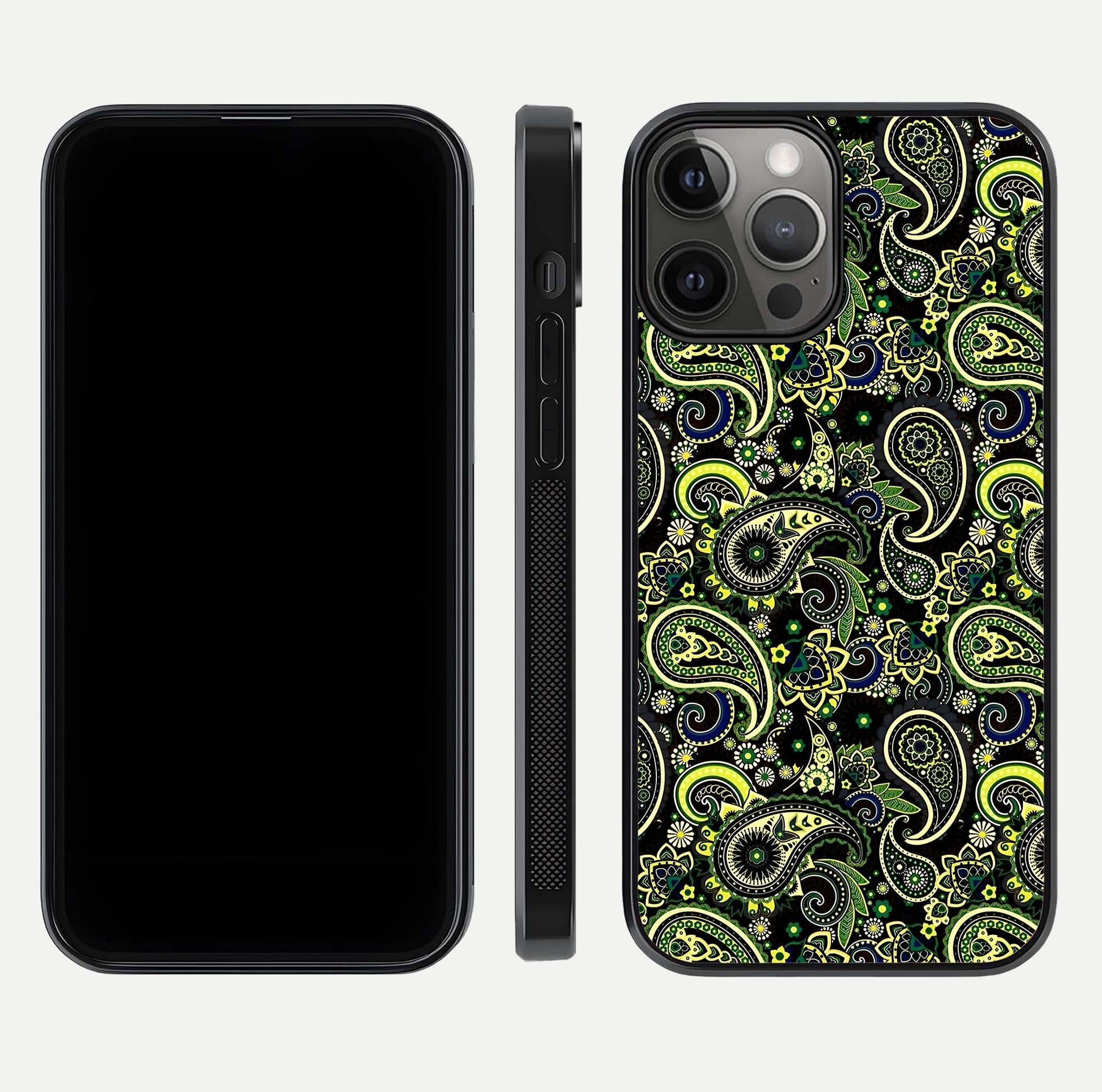 Green Mandala Pattern Glass Case for iPhone 12 Pro Max front and back view layout highlighting geometric art and curved glass