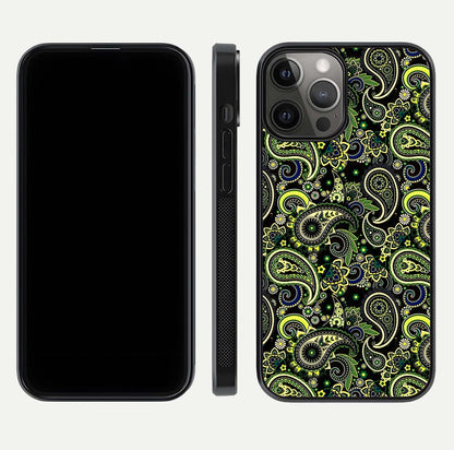 Green Mandala Pattern Glass Case for iPhone 12 Pro Max front and back view layout highlighting geometric art and curved glass