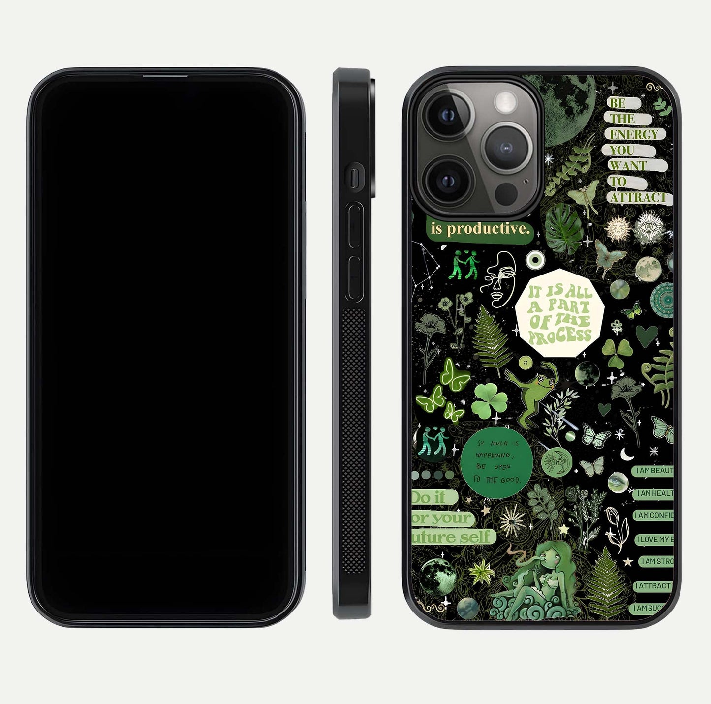Green Moon Energy Glass Case for iPhone 12 Pro Max front and back view layout highlighting cosmic tones and smooth edges