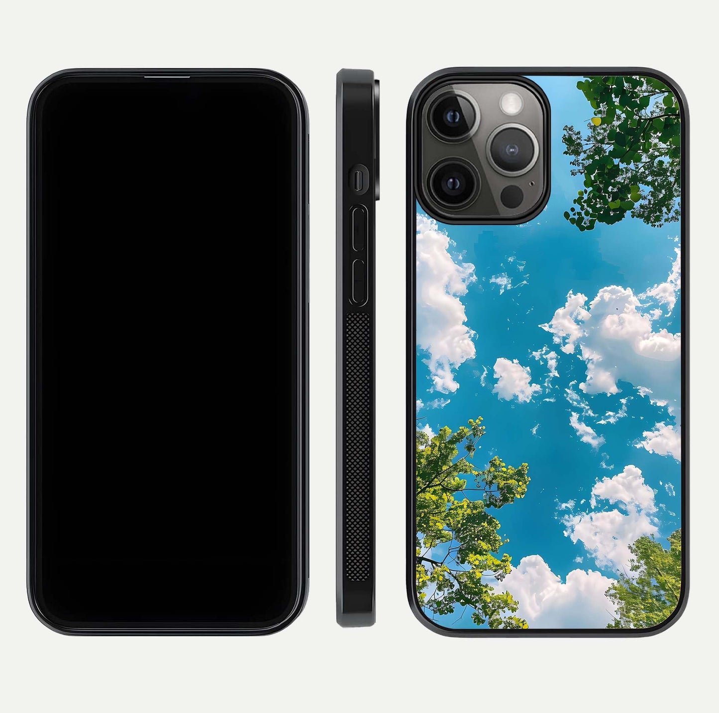 Greenery Sky Glass Case for iPhone 12 Pro Max front and back view layout displaying scenic green-blue gradient and curved edges
