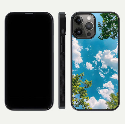 Greenery Sky Glass Case for iPhone 12 Pro Max front and back view layout displaying scenic green-blue gradient and curved edges