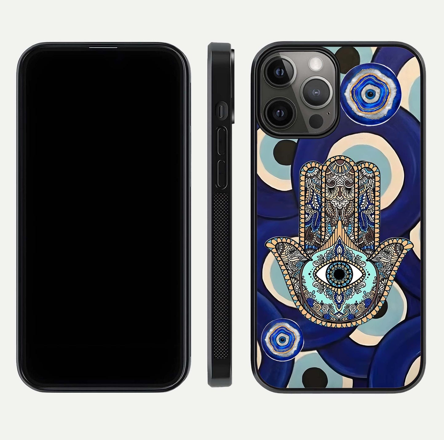 Hamsa Divine Guard Glass Case for iPhone 12 Pro Max front and back view layout highlighting spiritual artwork and smooth edges