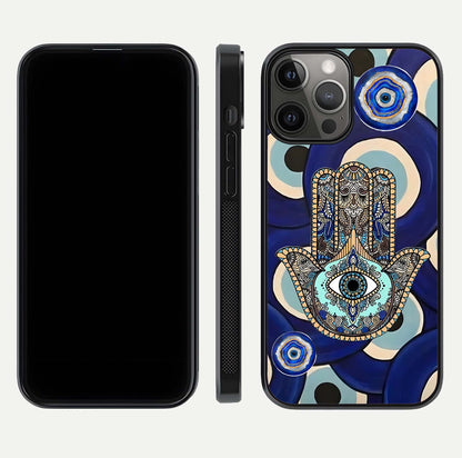 Hamsa Divine Guard Glass Case for iPhone 12 Pro Max front and back view layout highlighting spiritual artwork and smooth edges