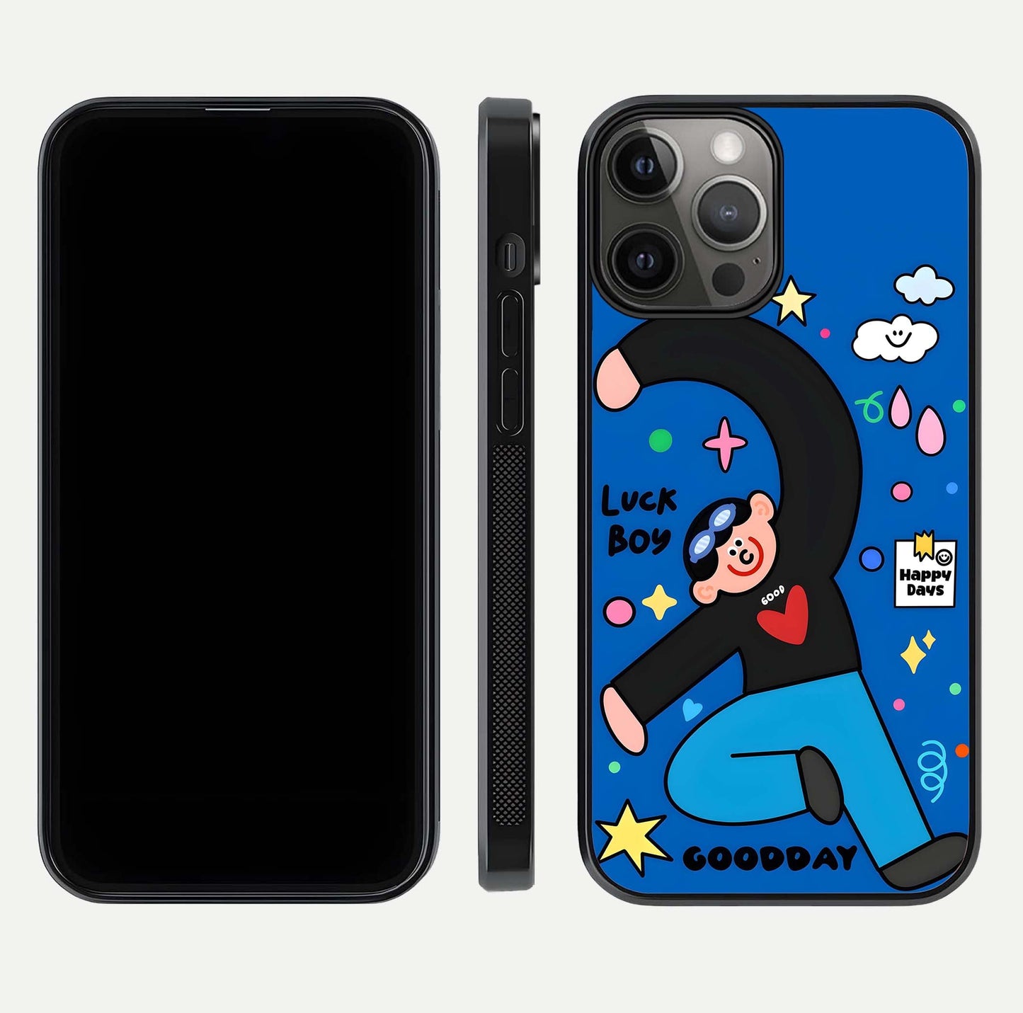 Happy Luck Vibe Glass Case for iPhone 12 Pro Max front and back view layout highlighting positive motif and curved edges