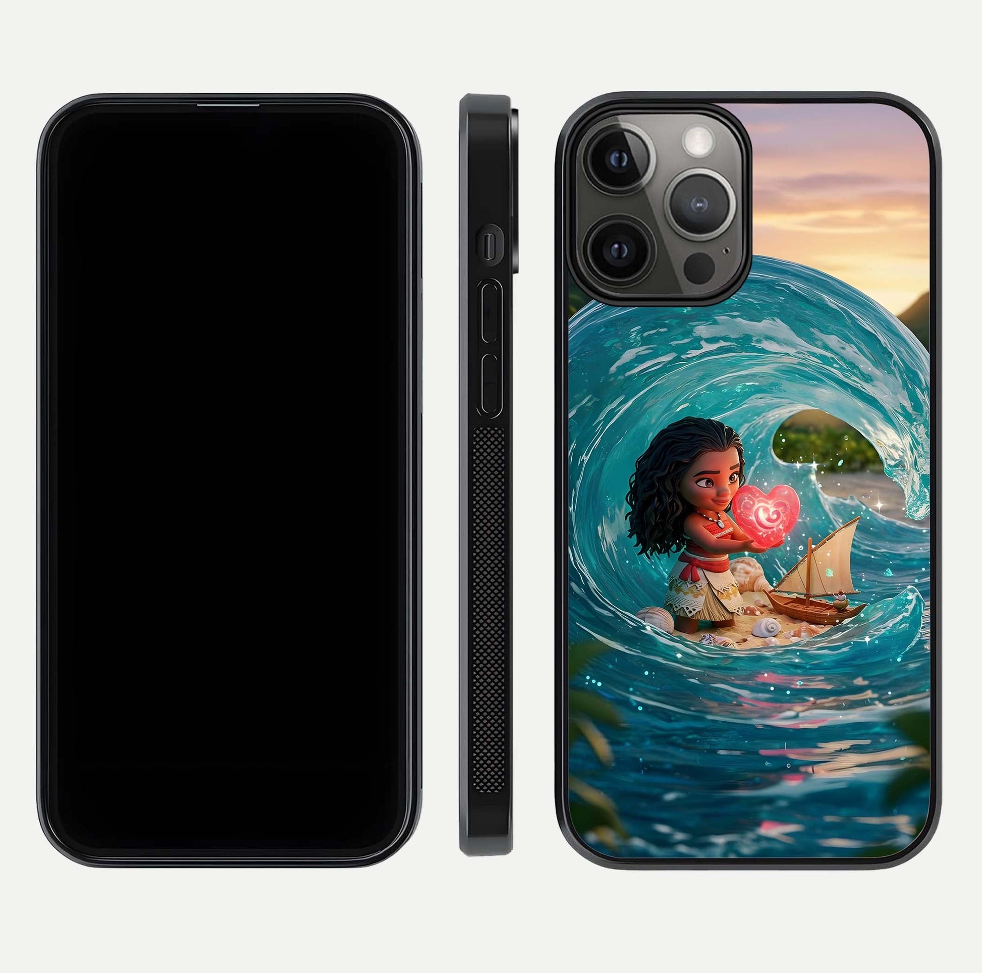 Heart of Ocean Glass Case for iPhone 12 Pro Max front and back view layout highlighting sea-themed art and curved glass edges