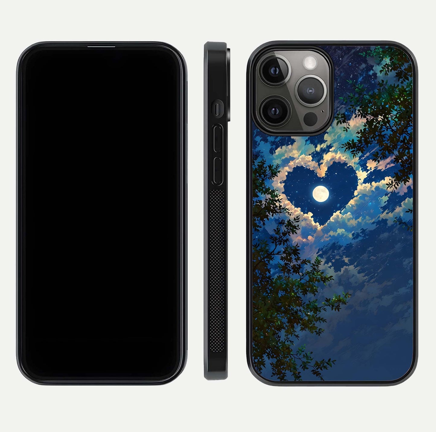 Heart with Moon Sky Glass Case for iPhone 12 Pro Max front and back view layout displaying celestial tones and curved glass