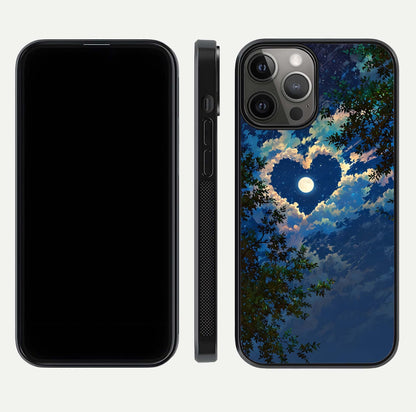 Heart with Moon Sky Glass Case for iPhone 12 Pro Max front and back view layout displaying celestial tones and curved glass