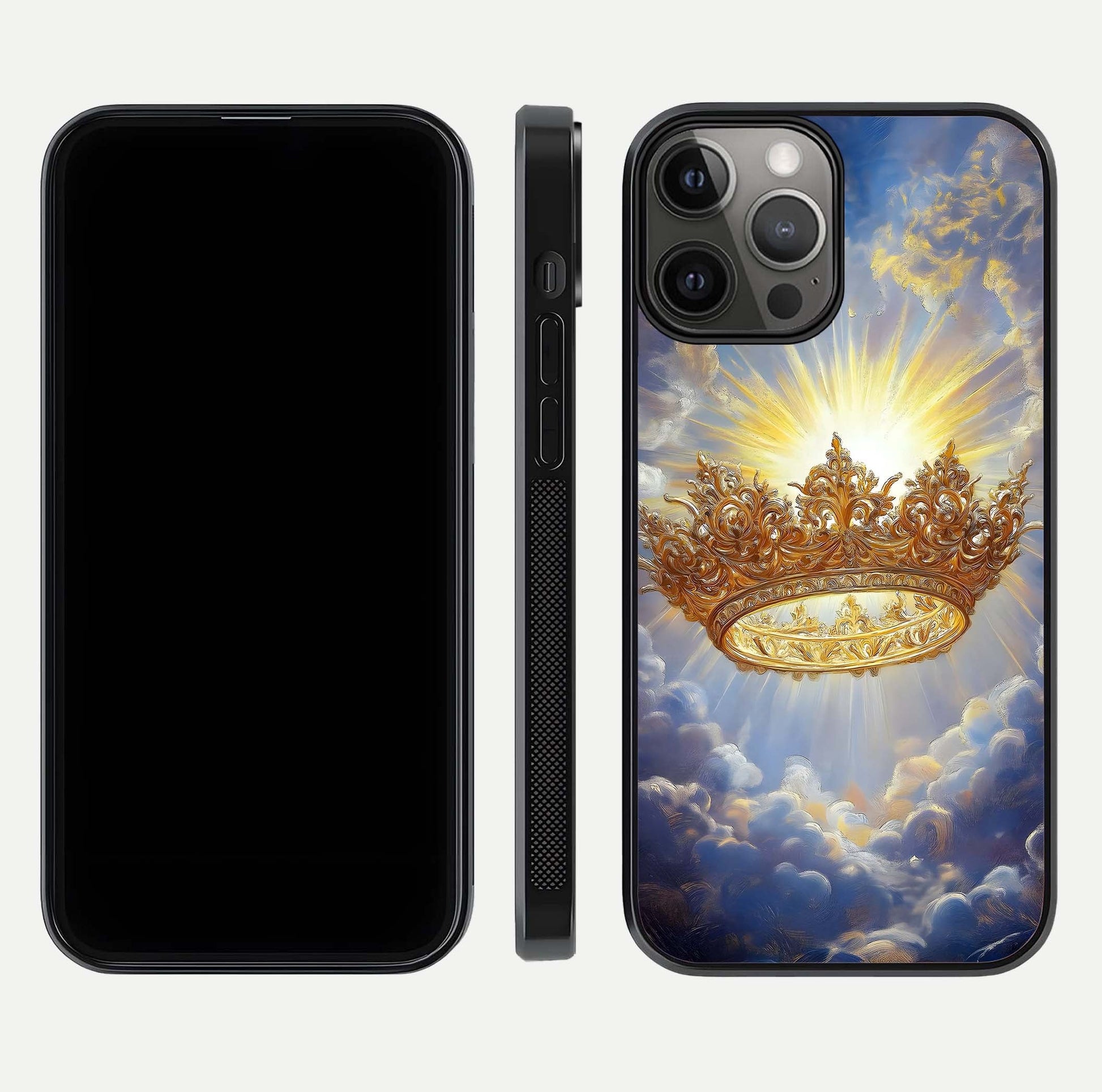Heavenly Crown Light Glass Case for iPhone 12 Pro Max front and back view layout highlighting golden aura tones and curved glass edges