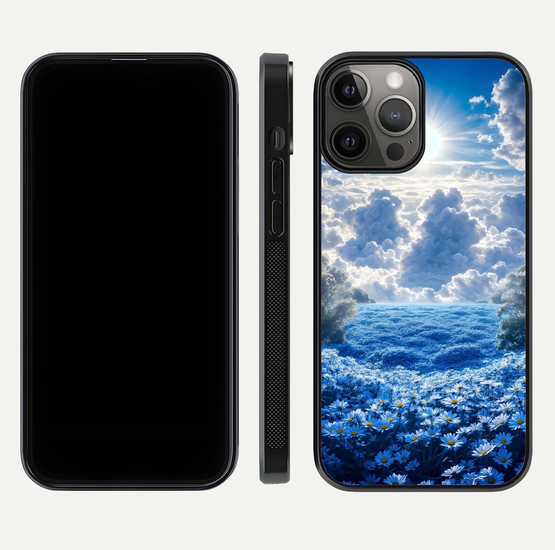 Heavenly Daisy Horizon Glass Case for iPhone 12 Pro Max front and back view layout highlighting floral field tones and curved edges