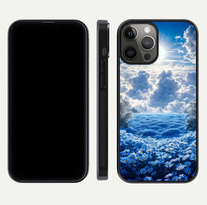 Heavenly Daisy Horizon Glass Case for iPhone 12 Pro Max front and back view layout highlighting floral field tones and curved edges