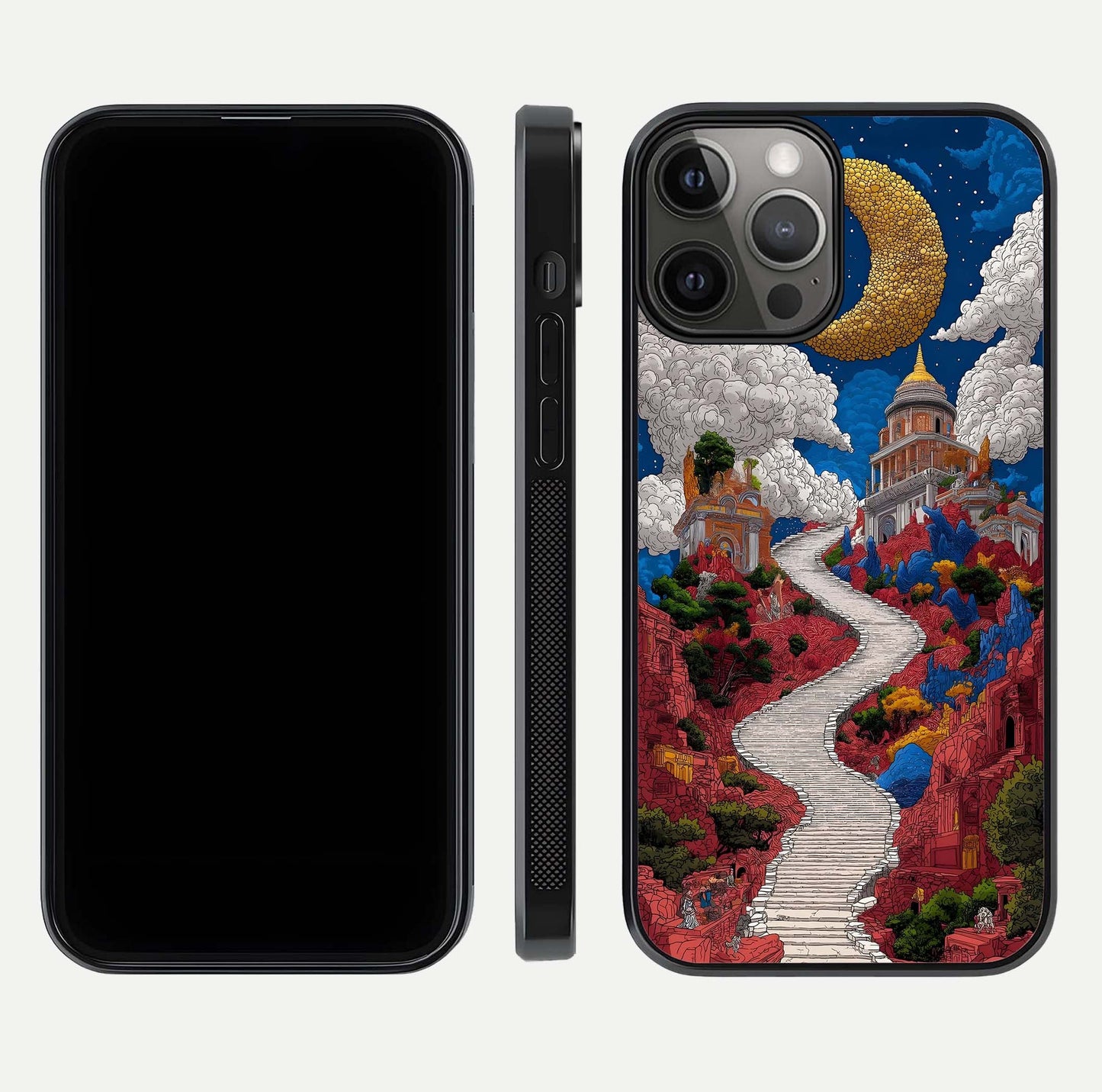 Heavenly Moon Path Glass Case for iPhone 12 Pro Max front and back view layout displaying night sky tones and curved glass edges