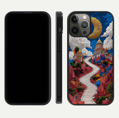 Heavenly Moon Path Glass Case for iPhone 12 Pro Max front and back view layout displaying night sky tones and curved glass edges