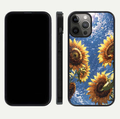 Heavenly Sunflower Rise Glass Case for iPhone 12 Pro Max front and back view layout highlighting golden floral tones and curved edges