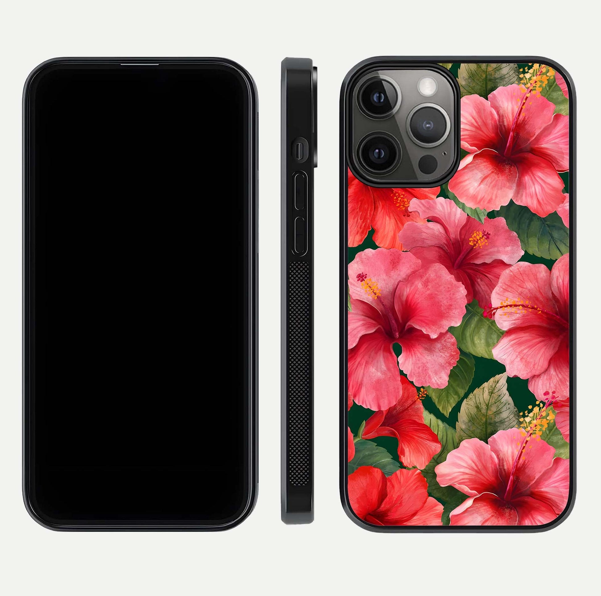 Hibiscus Pattern Glass Case for iPhone 12 Pro Max front and back view layout highlighting tropical design and curved glass edges