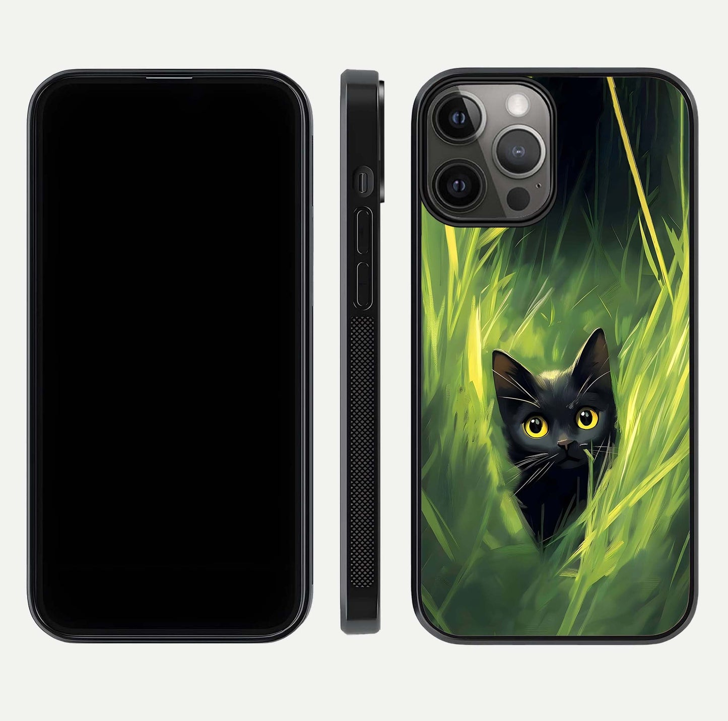 Hidden Cat Whisper Glass Case for iPhone 12 Pro Max front and back view layout highlighting minimalist art and curved edges