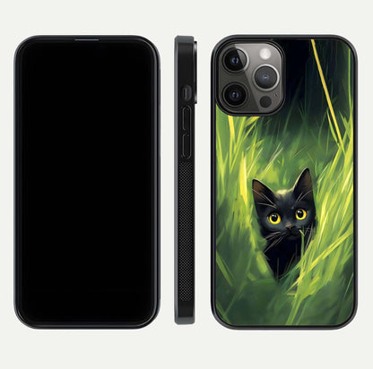 Hidden Cat Whisper Glass Case for iPhone 12 Pro Max front and back view layout highlighting minimalist art and curved edges