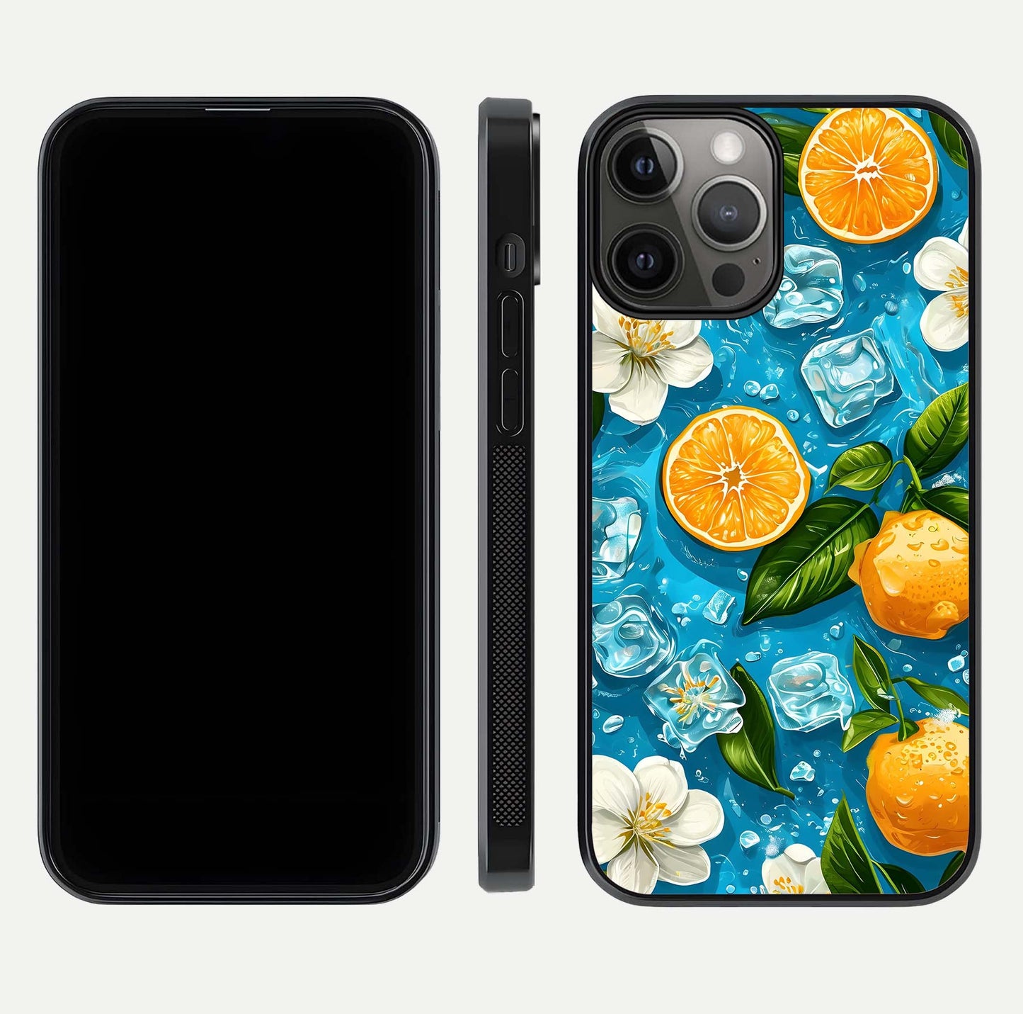 Ice Cube With Orange Glass Case for iPhone 12 Pro Max front and back view layout highlighting fresh orange tones and curved edges