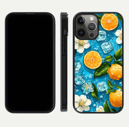 Ice Cube With Orange Glass Case for iPhone 12 Pro Max front and back view layout highlighting fresh orange tones and curved edges