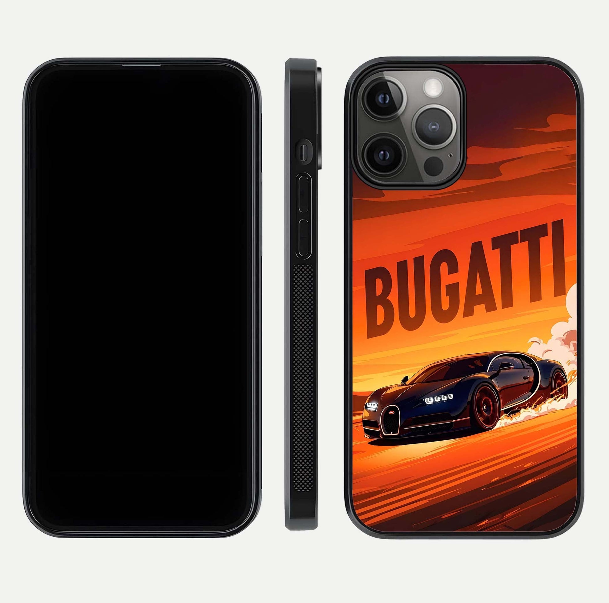 Inferno Bugatti Storm Glass Case for iPhone 12 Pro Max front and back view layout highlighting car silhouette and curved glass edge