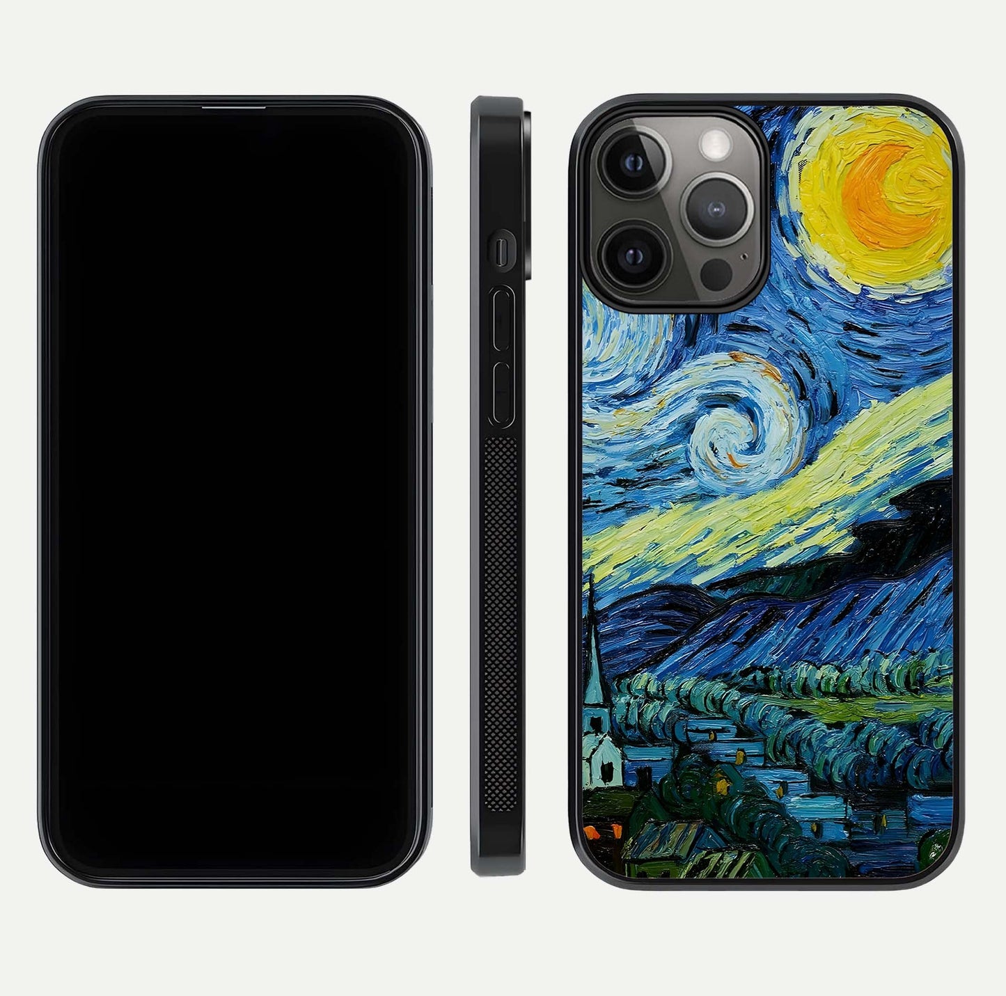 Inspired Van Gogh Art Glass Case for iPhone 12 Pro Max front and back view layout displaying vivid color tones and curved glass edges