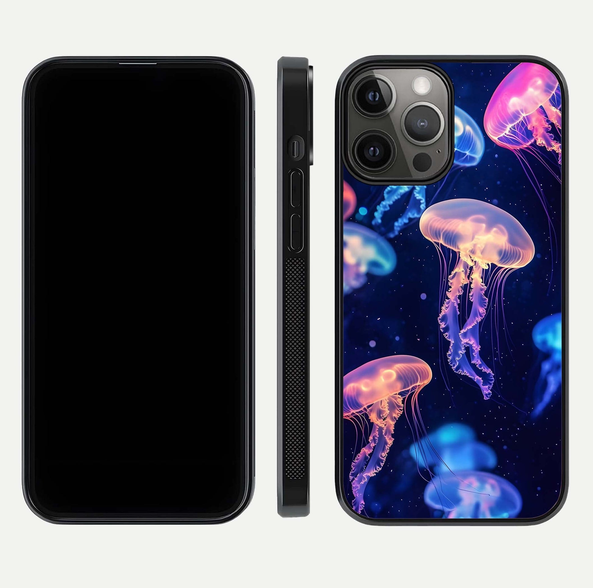 Jellyfish Pattern Glass Case for iPhone 12 Pro Max front and back view layout highlighting aquatic tones and curved edges
