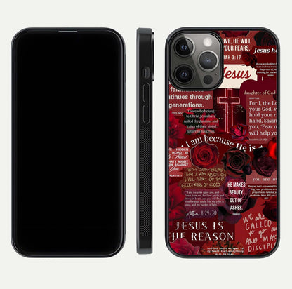 Jesus Love Heals Glass Case for iPhone 12 Pro Max front and back view layout with elegant typography and smooth edges