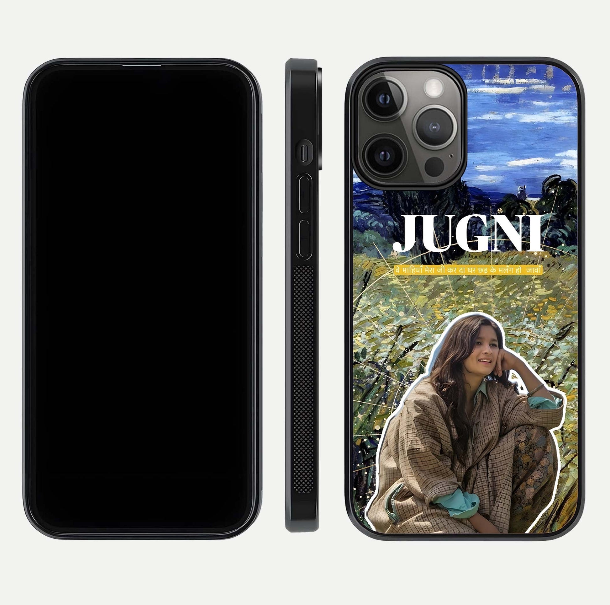 Jugni Soul Vibes Glass Case for iPhone 12 Pro Max front and back view layout highlighting desi art and curved glass edges