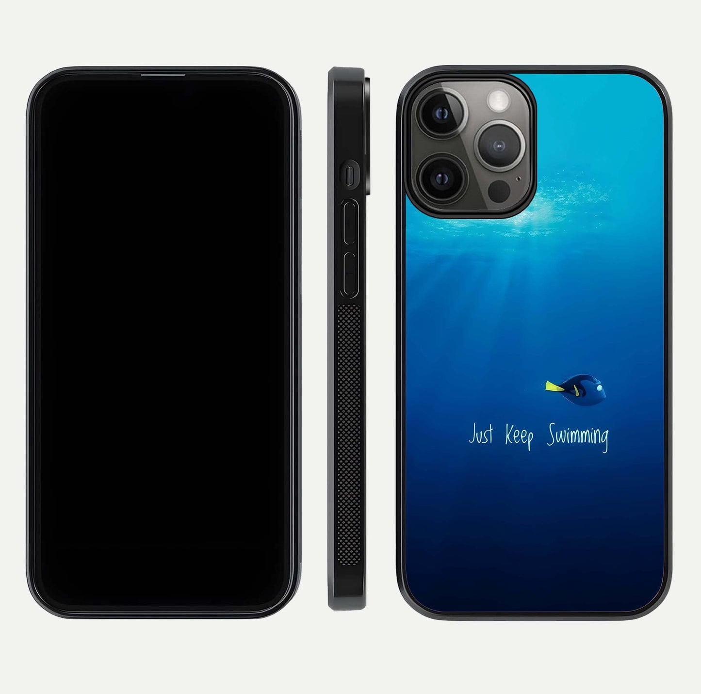 Just Keep Swimming Glass Case for iPhone 12 Pro Max front and back view layout with smooth glass edges and HD text clarity