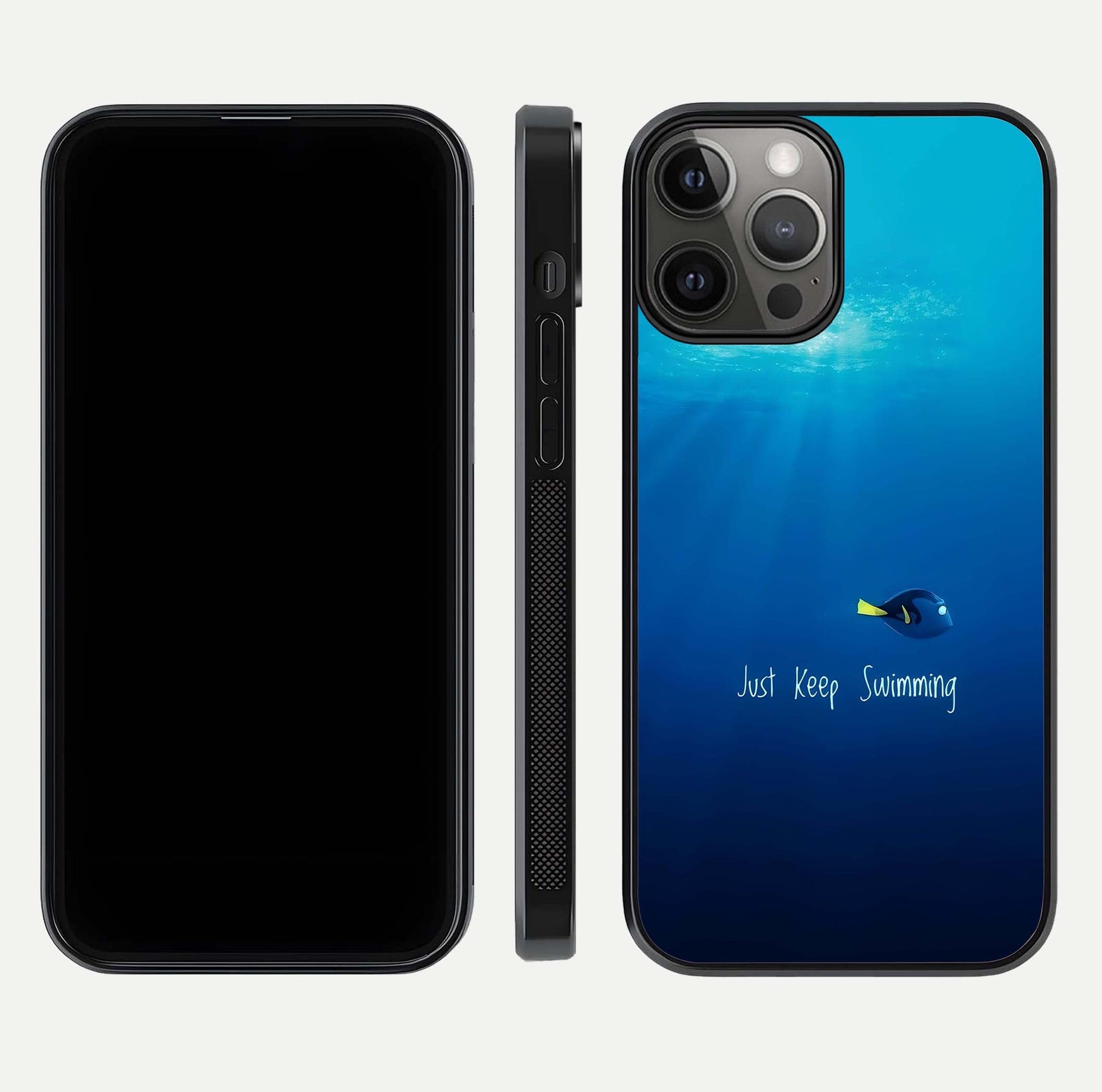 Just Keep Swimming Glass Case for iPhone 12 Pro Max front and back view layout with smooth glass edges and HD text clarity