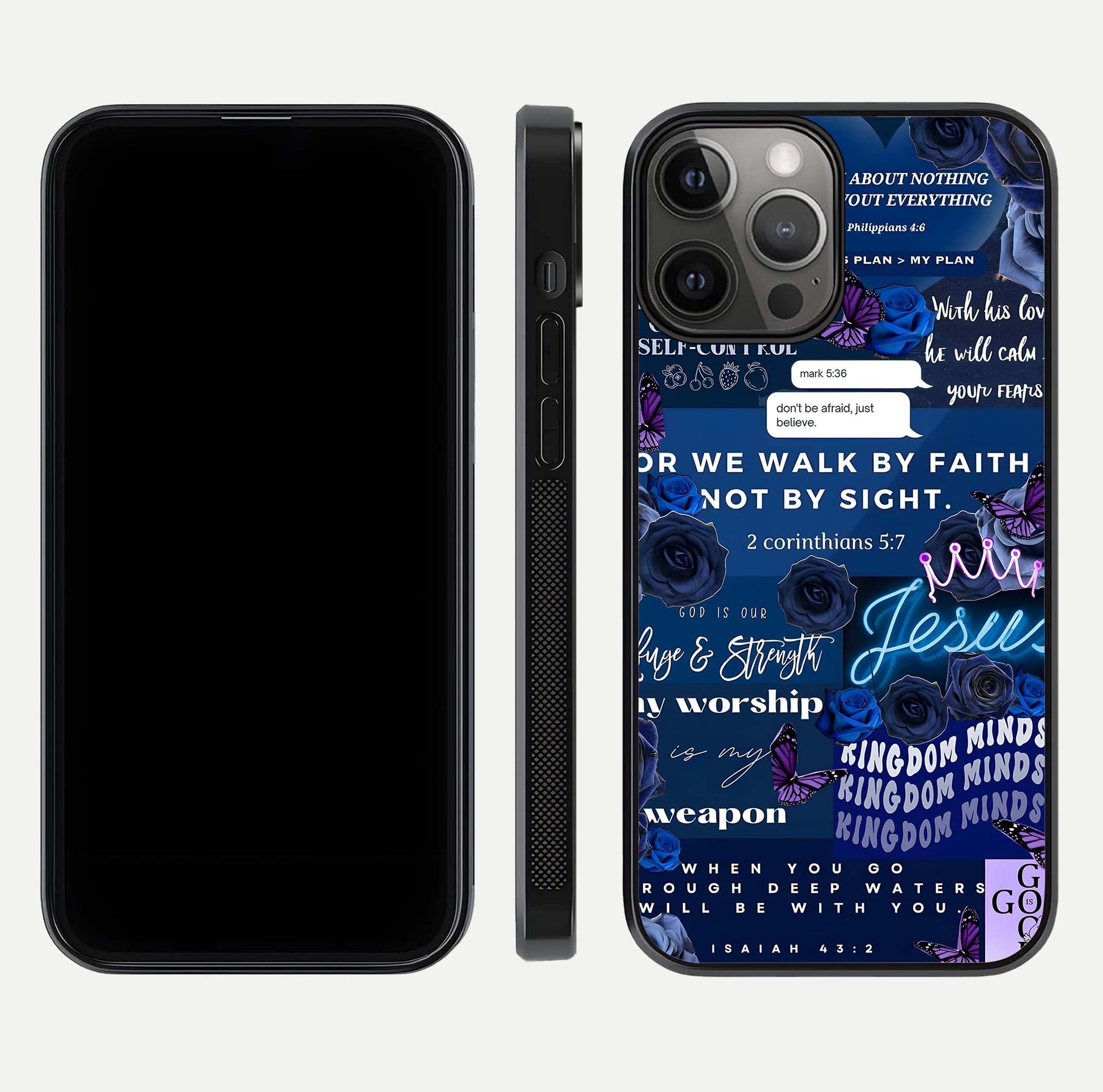 Kingdom Faith Glow Glass Case for iPhone 12 Pro Max front and back view layout highlighting radiant spiritual design