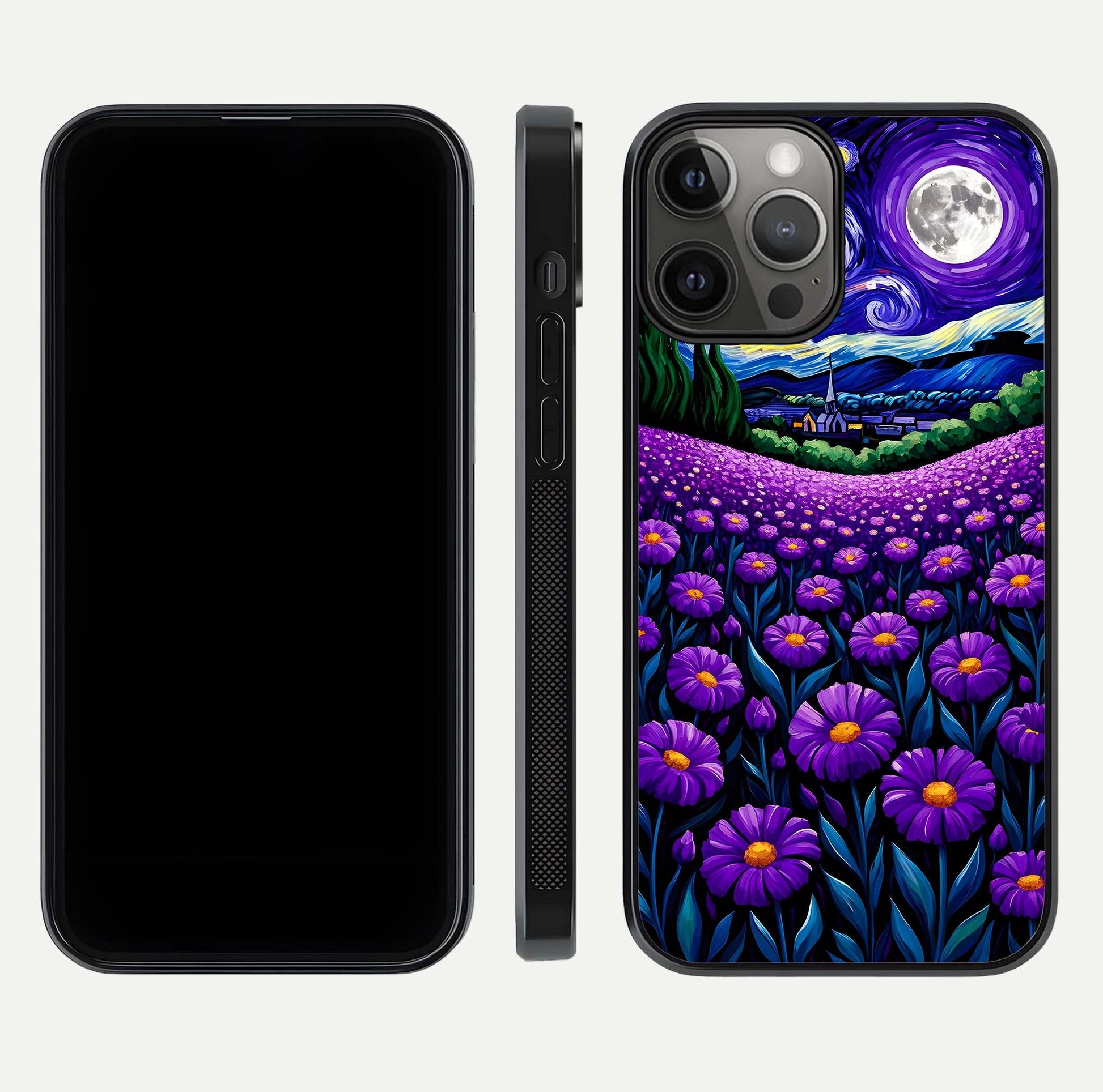 Lavender Moon Field Glass Case for iPhone 12 Pro Max front and back view layout with soft gradient and curved edges
