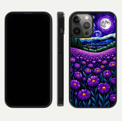 Lavender Moon Field Glass Case for iPhone 12 Pro Max front and back view layout with soft gradient and curved edges
