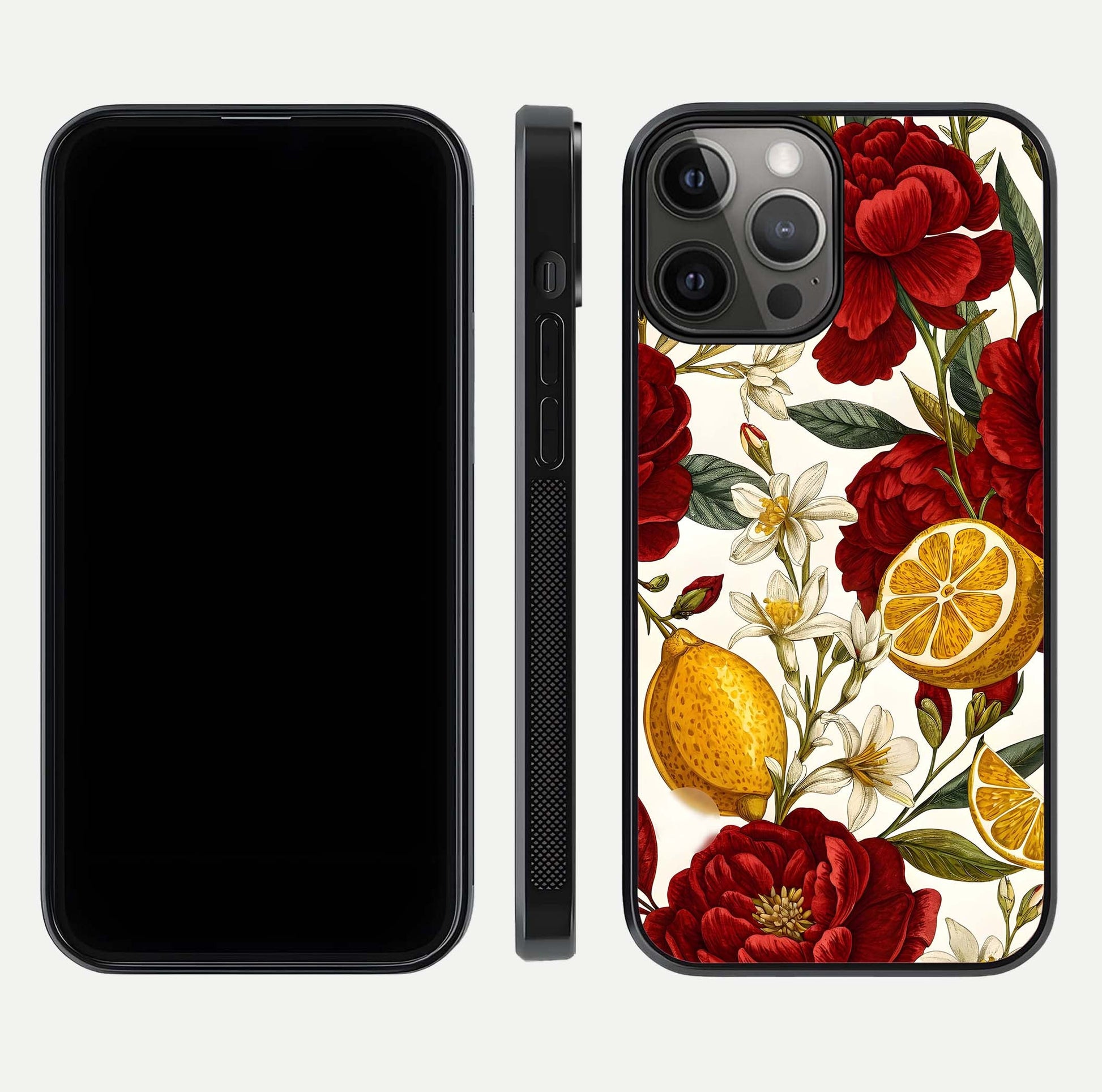 Lemon Rose Charm Glass Case for iPhone 12 Pro Max front & back layout highlighting soft yellow tones and curved edges