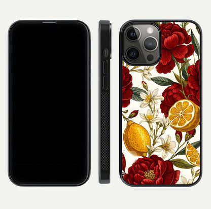 Lemon Rose Charm Glass Case for iPhone 12 Pro Max front & back layout highlighting soft yellow tones and curved edges
