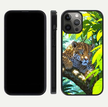 Leopard in Jungle Glass Case for iPhone 12 Pro Max front & back layout with premium edge detailing and vivid jungle art