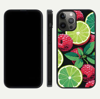 Lime and Raspberry Pattern Glass Case for iPhone 12 Pro Max front & back layout highlighting fresh summer tones