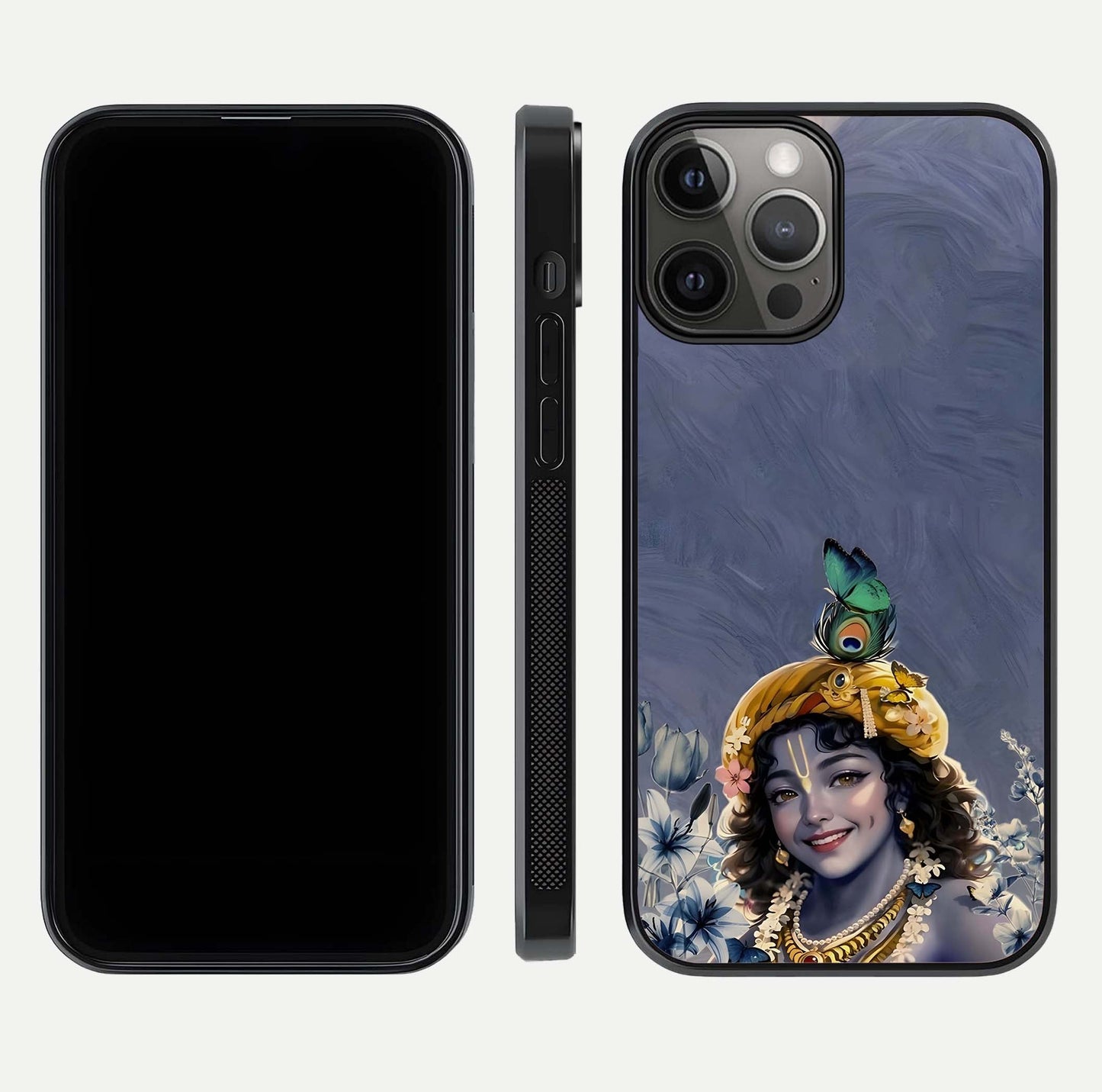 Lord Krishna Glass Case for iPhone 12 Pro Max front & back layout displaying soft tones and elegant edges