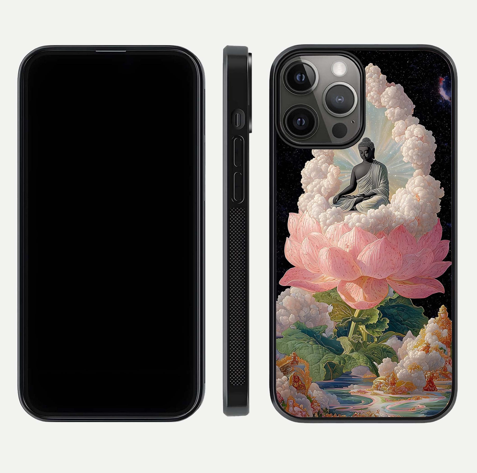 Lotus Divine Peace Glass Case for iPhone 12 Pro Max front & back layout highlighting soft pink hues and curved edges